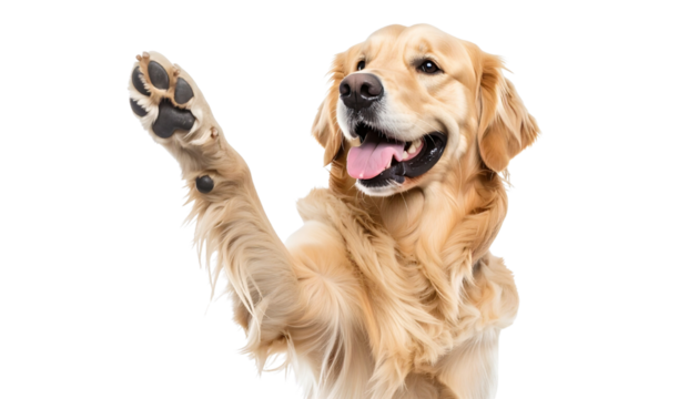 Golden retriever standing proudly with a cheerful expression