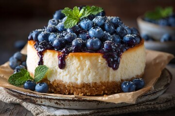 Delicious homemade cheesecake decorated with fresh blueberries and mint