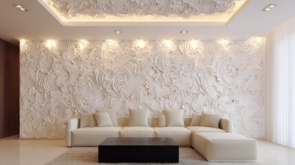 Living room showcasing decorative wall panel and recessed lights, modern design