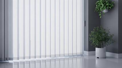 Minimalist Interior with White Vertical Blinds and Potted Plant Decoration