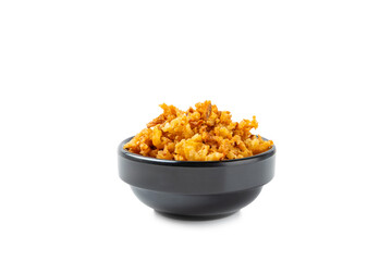 Crispy fried onion isolated on white background. Roasted Onions. Seasoning for dishes. Spices. Salad dressing. Space for text. Copy space