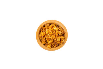 Crispy fried onion isolated on white background. Roasted Onions. Seasoning for dishes. Spices. Salad dressing. Space for text. Copy space