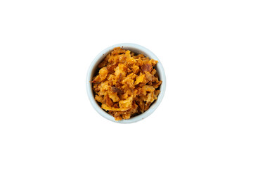 Crispy fried onion isolated on white background. Roasted Onions. Seasoning for dishes. Spices. Salad dressing. Space for text. Copy space