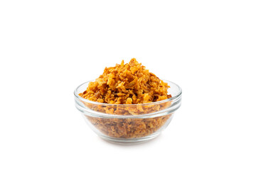 Crispy fried onion isolated on white background. Roasted Onions. Seasoning for dishes. Spices. Salad dressing. Space for text. Copy space