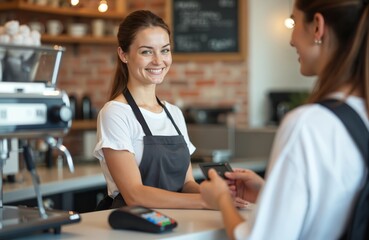Smiling female barista in apron serves customer in coffee shop. Client pays with credit card using contactless technology at cafe counter. Friendly service, modern payment transaction.