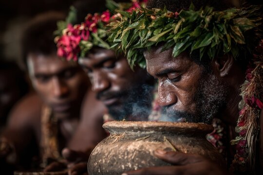 Fiji People. Indigenous Fijians Men in Traditional Kava Ceremony - Melanesian Folklore and Culture