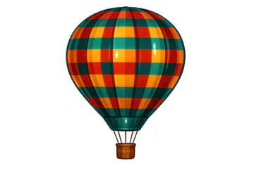 Colorful checkered hot air balloon floating freely, cartoon-style graphic element for travel and adventure design projects