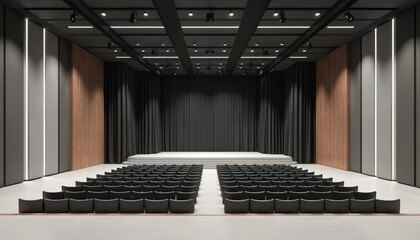 Modern auditorium interior features sleek stage with dark curtains, tiered seating. Vertical lighting panels, wood accent walls create sophisticated atmosphere. Empty venue perfect for presentations,