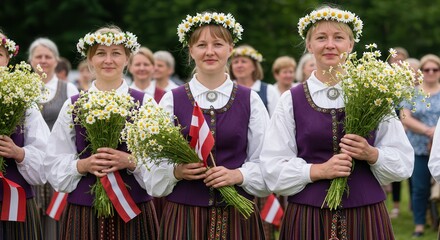 Latvian Women in Traditional Folk Costume Holding Flowers and National Flag at Cultural Festival
