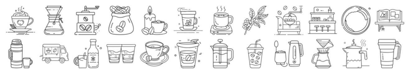 Tea and Coffee Line Icons Set – Drinks, Cups, Teapots, Cafe Outline Vector Collection
