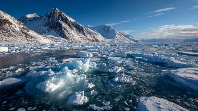 Icy Arctic sea and snow covered mountains under a bright, cloud-streaked blue sky