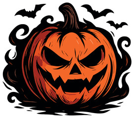 Spooky halloween vector: eerie jack o' lantern with creepy bats and sinister shadows