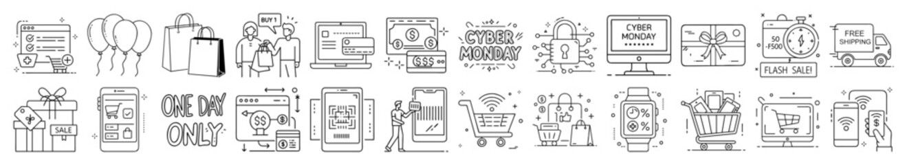 Shopping and E-commerce Vector Icon Set – Online Store, Delivery, Payment, Retail, Cart and Buy Line Icons