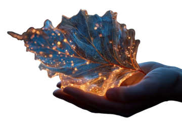 Closeup of a delicate, glowing seashell held gently in a persons hand, isolated on a transparent background