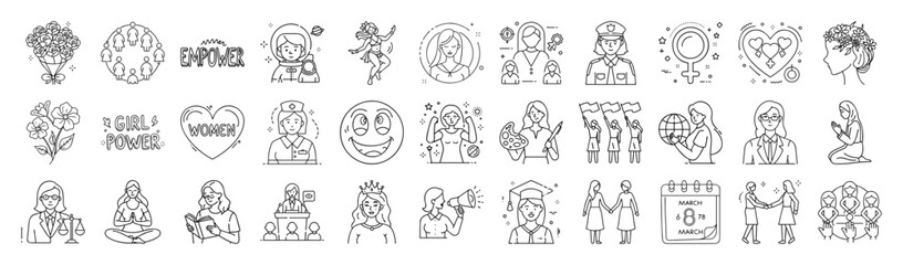 Women’s Rights Vector Icon Set – Feminism, Gender Equality, Human Rights, Social Justice and Awareness Line Icons
