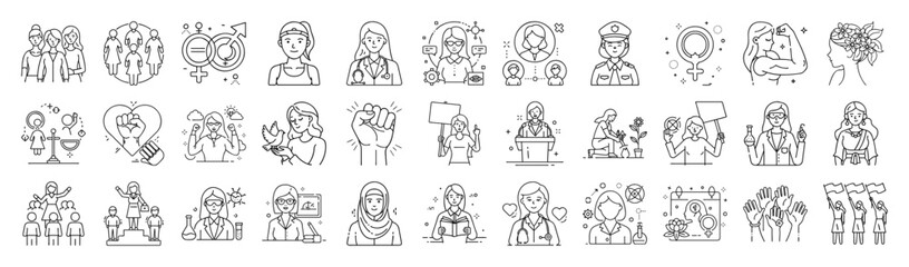 Women’s Rights Vector Icon Set – Feminism, Gender Equality, Human Rights, Social Justice and Awareness Line Icons