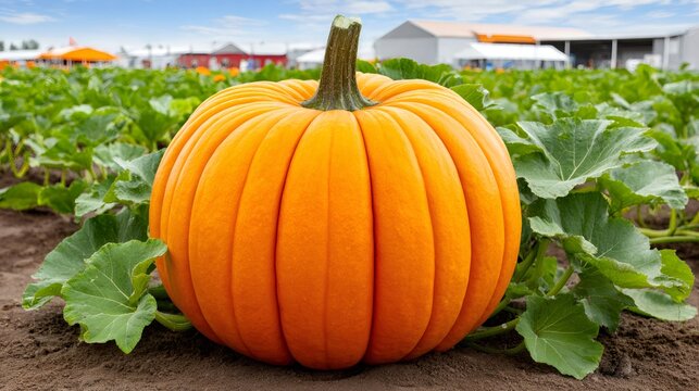 Large pumpkin growing in pumpkin patch field at farm on sunny day