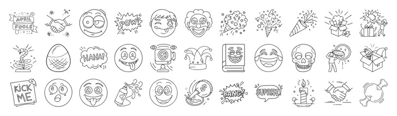 April Fools Day Vector Icon Set – Outline Humor, Prank and Joke Collection-Vector collection of April Fools Day icons in modern outline style. Includes pranks, jokes, comedy, masks, funny faces