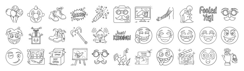 April Fools Day Vector Icon Set – Outline Humor, Prank and Joke Collection-Vector collection of April Fools Day icons in modern outline style. Includes pranks, jokes, comedy, masks, funny faces
