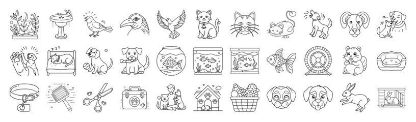 Pet Care Vector Icon Set – Outline Dogs, Cats and Animal Collection-Vector collection of pet care icons in modern outline style. Includes dogs, cats, pets, birds, rabbits, food, toys, grooming