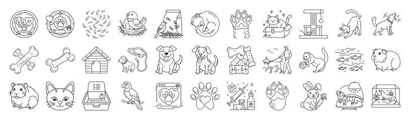 Pet Care Vector Icon Set – Outline Dogs, Cats and Animal Collection-Vector collection of pet care icons in modern outline style. Includes dogs, cats, pets, birds, rabbits, food, toys, grooming