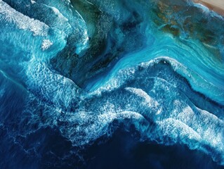 Aerial View of Swirling Teal and Blue Ocean Waters