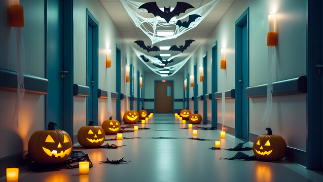 Halloween. Halloween corridor. A dimly lit corridor decorated for Halloween with cobwebs, bats, and jack-o'-lanterns.