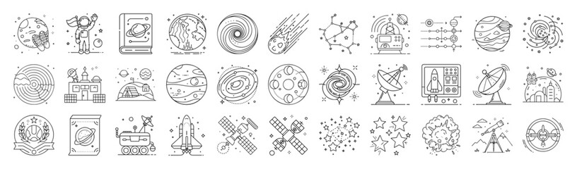“Science and Space Icon Set – Astronomy, Physics, Chemistry Outline Vector Illustration”