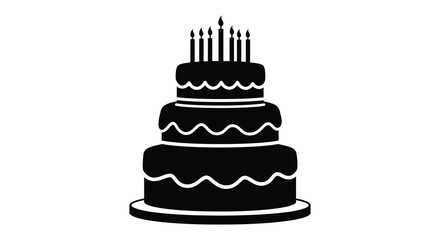 A black silhouette of a three tier birthday cake with candles on top