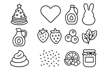 Festive Pancake Icons. Outline icon set of festive breakfast ideas: Christmas pancake stack, heart-shaped