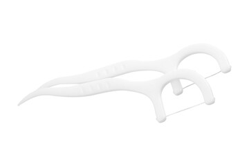 Floss toothpick isolated on white. Dental hygiene concept. Set of dental floss, toothpick. Plastic white dental toothpick with floss. Dental floss