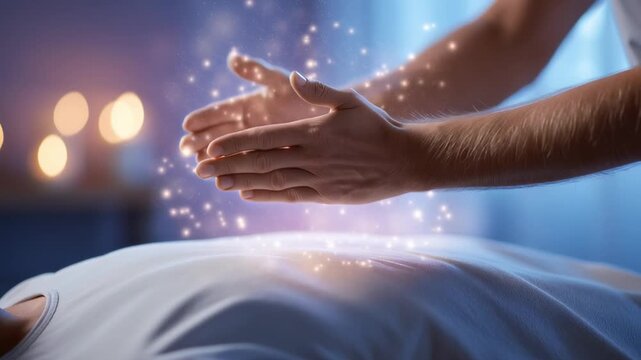Hands hovering above a person&rsquo;s body with glowing light particles, symbolizing reiki healing, spiritual energy, and alternative therapy.