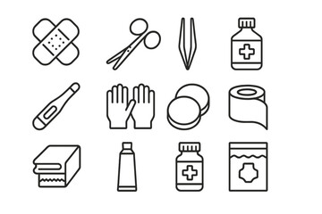 First Aid Icons. Outline icon set of first aid kit pegboard: bandages, scissors, tweezers, antiseptic,
