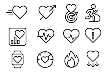 Fitness Icon Set. Outline icon set of fitness heart tracking: heart in motion, pulse arrow, bpm goal, run