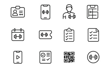 Fitness Membership Icons. Outline icon set of fitness membership services: gym ID card, workout app, personal