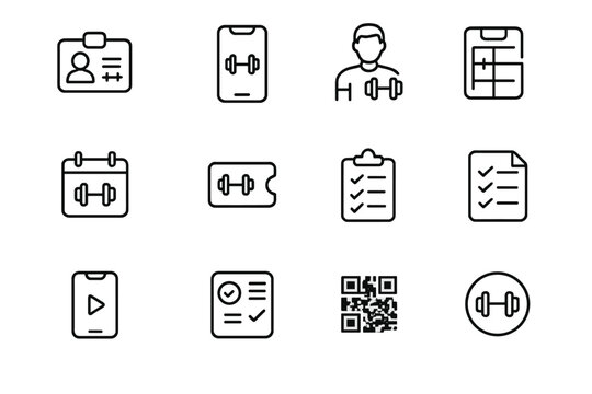 Fitness Membership Icons. Outline icon set of fitness membership services: gym ID card, workout app, personal