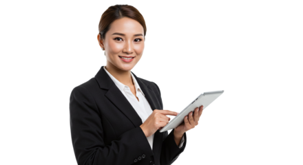 Asian businesswoman in black suit using tablet with a smile on isolated black background portrait