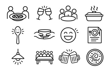 Food Connection Icons. Outline icon set of connecting through food: shared plate, toast glasses, family