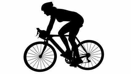 Obraz premium Silhouette of a cyclist riding a bicycle wearing a helmet in a full body side profile view on white background