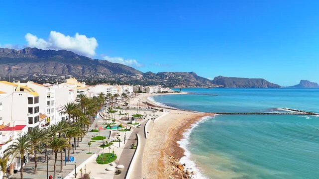 Aerial view of the beautiful beach of Altea, in the north coast of Alicante, Mediterranean Sea, Spain.