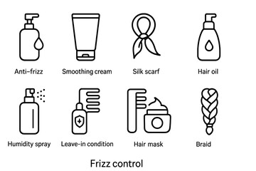 Frizz Control Icon Set. Outline icon set of frizz control: anti-frizz serum, smoothing cream, silk scarf, hair