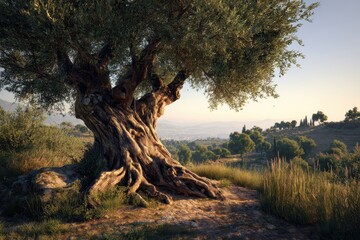 Ancient Olive Tree on Hillside Overlooking Valley Landscape at Sunset