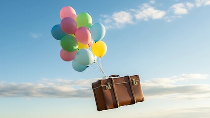 A suitcase floating with colorful balloons in a dreamy blue sky, surreal pastel photography symbolizing freedom, escape, and the joy of travel dreams and imagination.