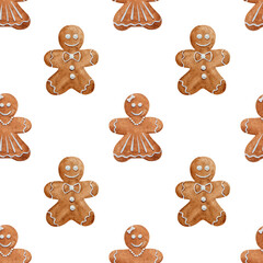 Christmas watercolor gingerbread, seamless pattern on white background. Hand drawn illustration, xmas sweets, ginger cookie boy and girl shape.