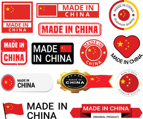 Obraz premium Vector set of made in China stickers, seals and emblem designs for products and packaging.