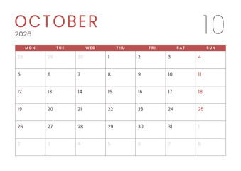 Monthly page Calendar Planner Template design of October 2026. Vector layout of calendar with week start Monday for Scheduling. Page for size A4 or 21x29.7 cm