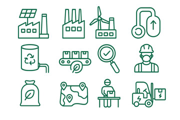 Green Manufacturing Icons. Outline icon set of green manufacturing: solar-powered factory, wind-powered plant,