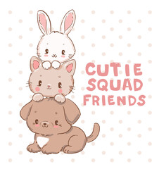 Cute animal squad friends illustration, adorable bunny, kitten and puppy cartoon drawing for kids t-shirt design, baby print, kawaii vector art