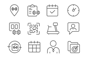 Gym App Outline Icons. Outline vector icons of gym companion apps: gym map, equipment log, workout history,