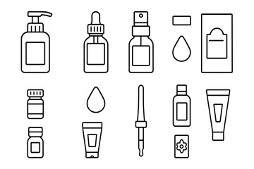 Hair Serum Icons. Outline icon set of hair serum and oil bottles: pump bottle, dropper bottle, spray bottle,
